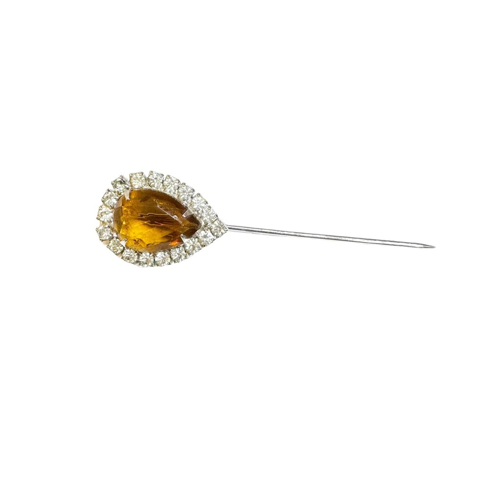 Vintage 40s 50s Pear Cut Amber Halo Prong Set Rhinestone Stick Pin